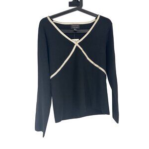 Black Long-Sleeve Knit Top Cream Trim Spenser Jeremy XL Silk career neutral knit
